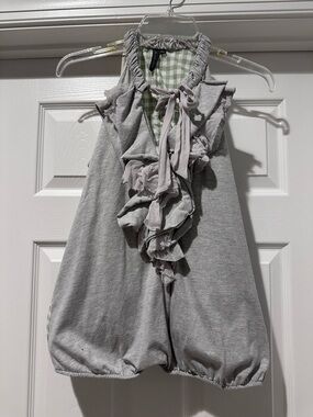 Anthropologie Ruffled Gray Sleeveless Top w/Ruffles and tie neck. Gingham back.